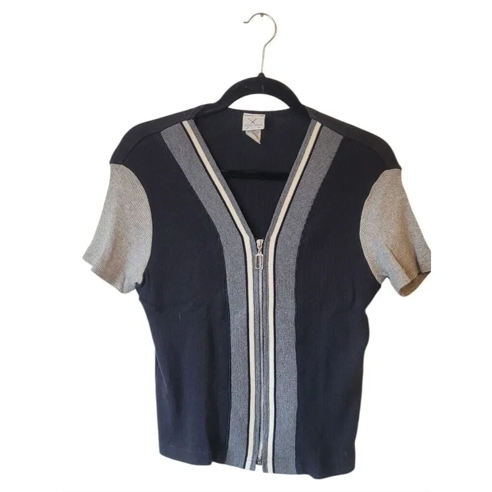 Vintage Y2K Xhilaration Black & Grey Full Zip Sweater Top Women's Size XL